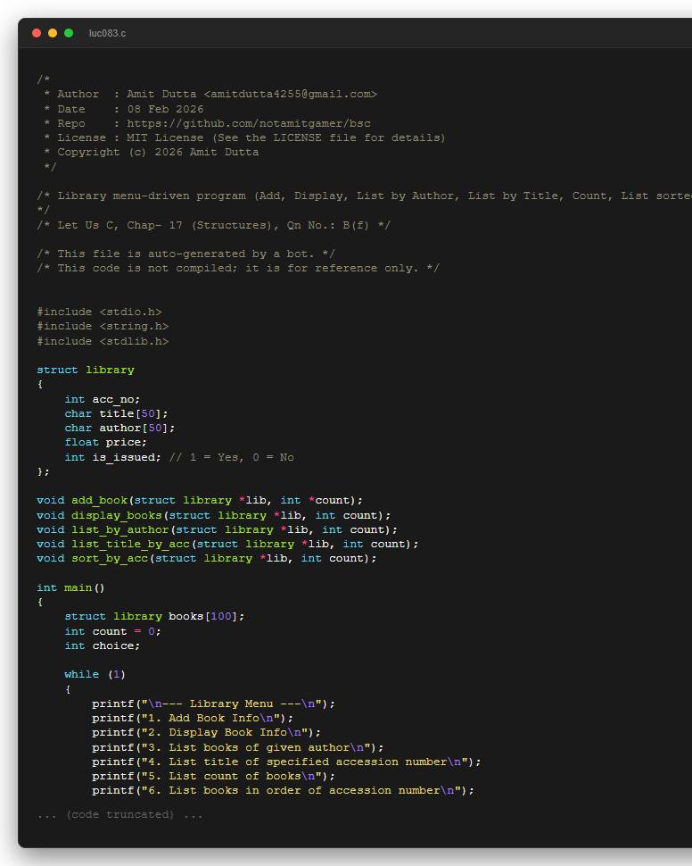 Library menu-driven program (Add, Display, List by Author, List by Title, Count, List sorted).